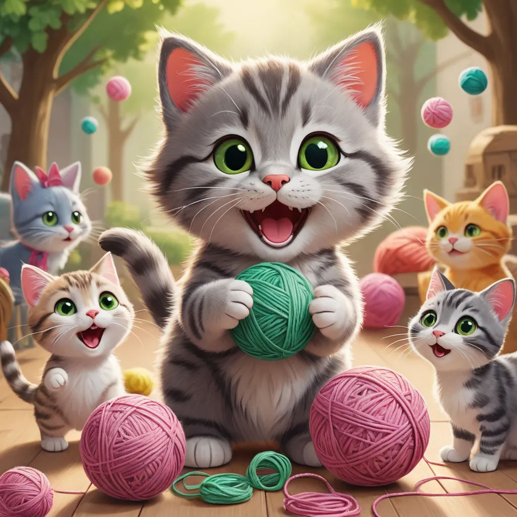 a painting of a cat playing with balls of yarn and balls of yarn on the floor with other cats, sots art, a cross stitch, Chris LaBrooy, cute and funny