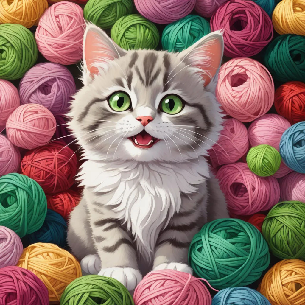 a cat sitting in a pile of balls of yarn with green eyes and a surprised look on its face, net art, a detailed painting, Chris LaBrooy, highly detailed digital painting