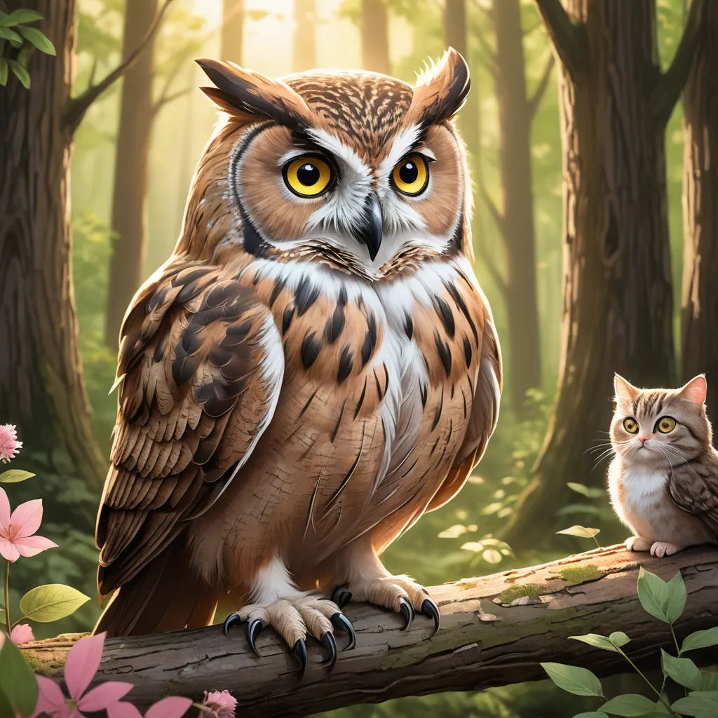 a painting of an owl and a cat on a branch in a forest with flowers and trees in the background, fantasy art, a storybook illustration, Chris LaBrooy, highly detailed digital painting