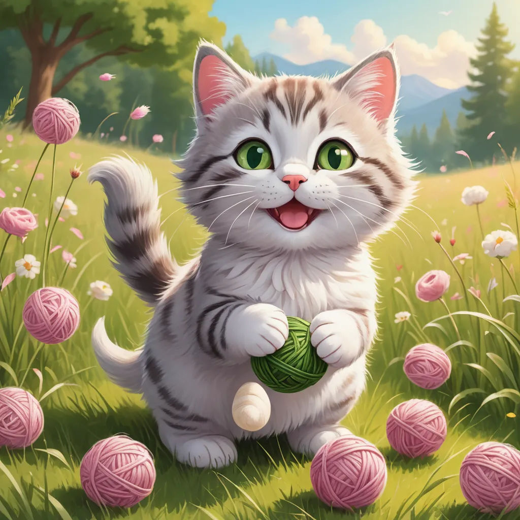 a cat is playing with a ball of yarn in a field of flowers and grass with a tree in the background, sots art, a detailed painting, Chris LaBrooy, official art