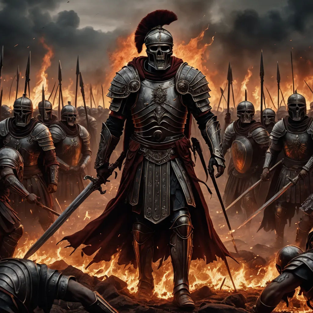 a painting of a group of men in armor with swords and helmets on fire in a field of flames, antipodeans, concept art, Anne Stokes, dark fantasy art