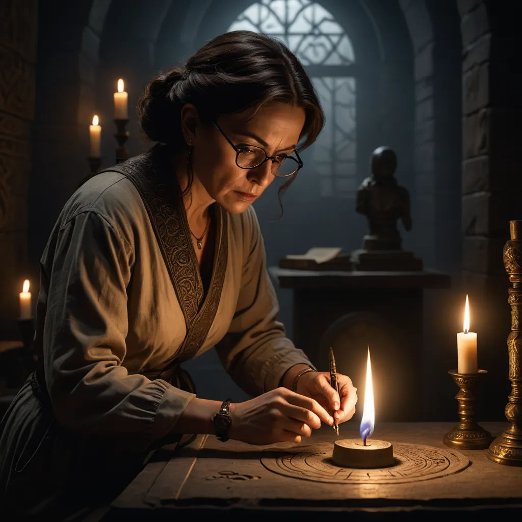 a woman sitting at a table with a lit candle in front of her and a small candle in front of her, fantasy art, a detailed matte painting, Ada Gladys Killins, promotional image