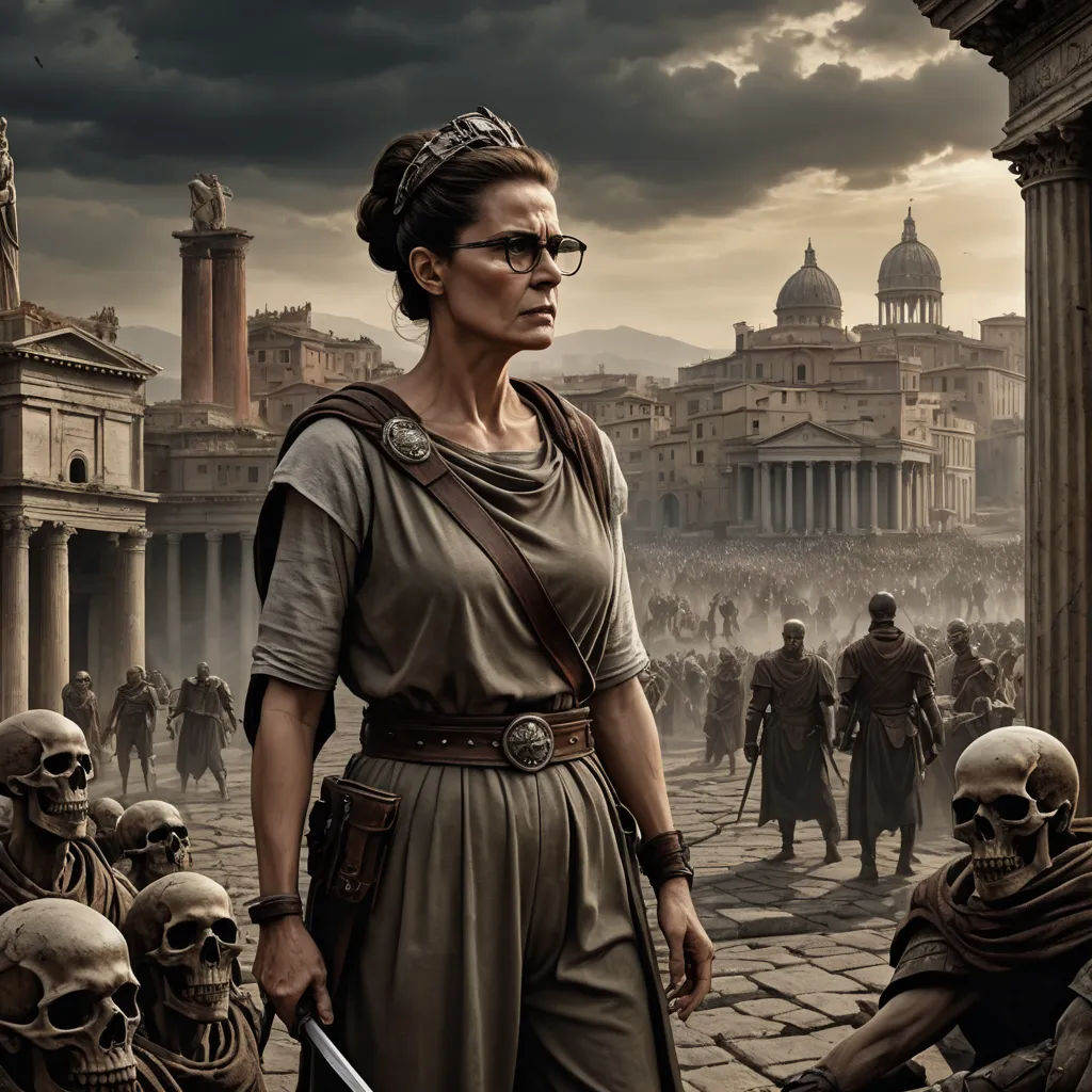 a woman in a roman costume standing in front of a crowd of skeletons and a city with a clock tower, antipodeans, a detailed matte painting, Ada Gladys Killins, promotional image