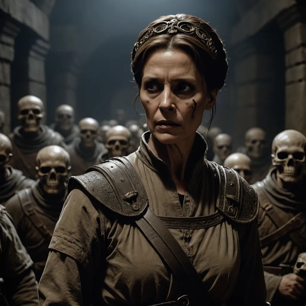 a woman standing in front of a group of skulls in a dark room with a light on her head, antipodeans, a detailed matte painting, Ada Gladys Killins, promotional image