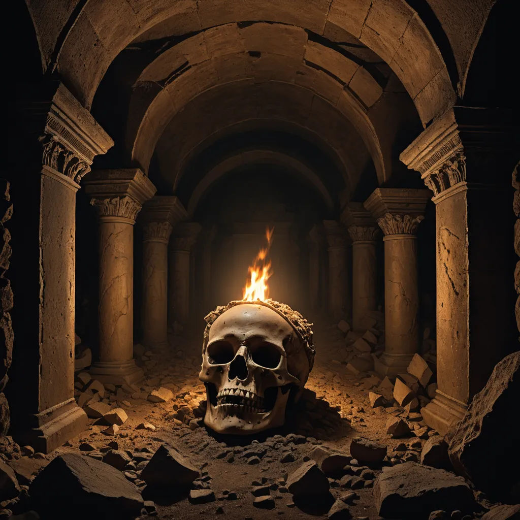 a skull with a burning head in a cave with rocks and pillars in the background and a fire burning in the middle of the skull, vanitas, concept art, Dirk Crabeth, unreal engine 5 highly rendered