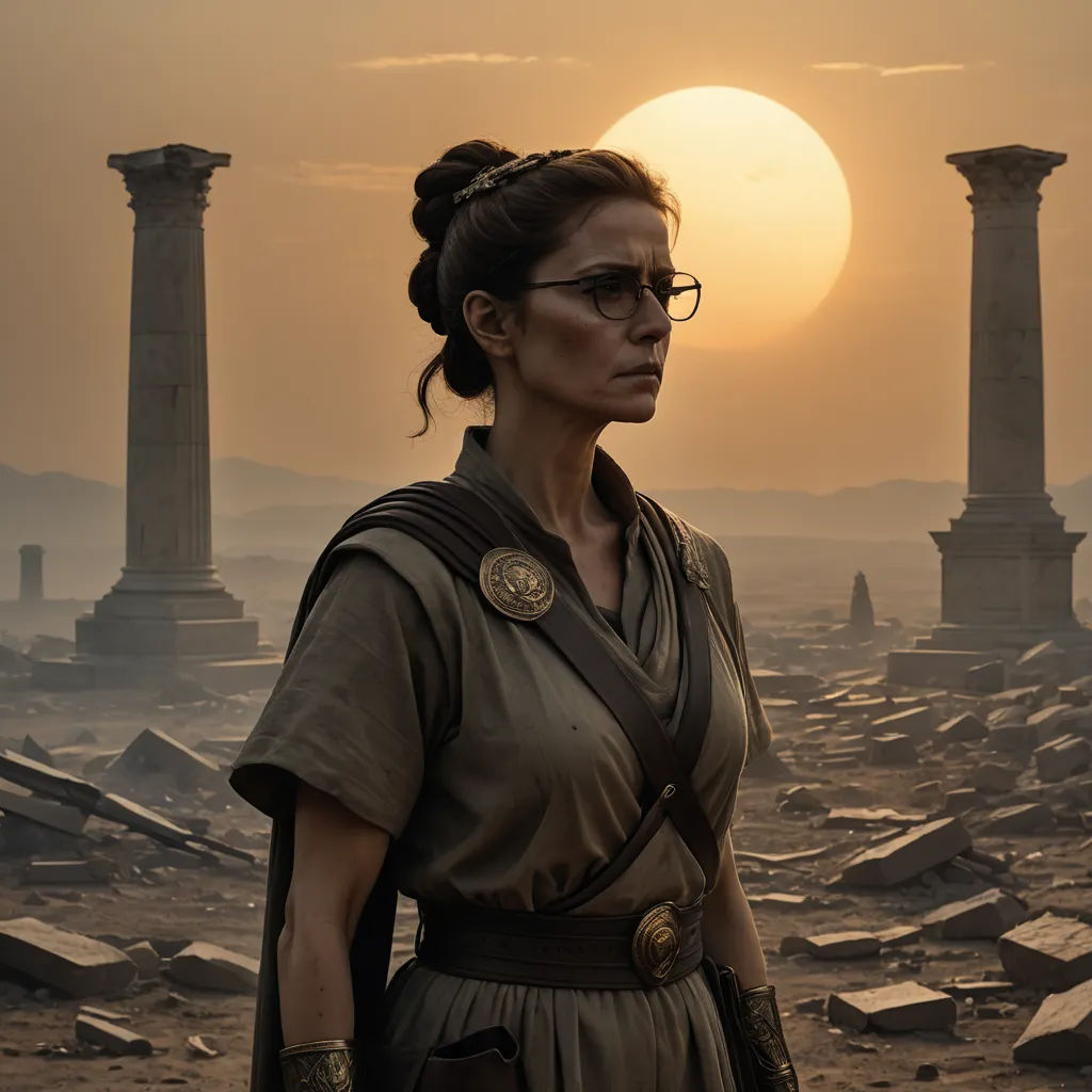 a woman in a roman dress standing in front of a sun setting in the background with ruins in the foreground, renaissance, a statue, Ada Gladys Killins, imax 70 mm footage