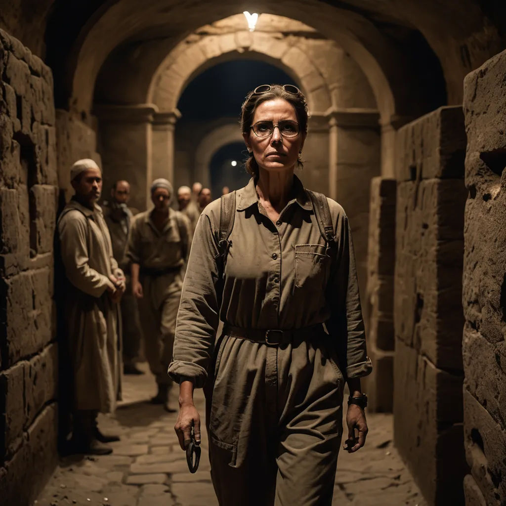 a woman in a brown jumpsuit walking down a tunnel with other men in the background in a dark tunnel, unilalianism, a poster, Daphne Fedarb, vfx