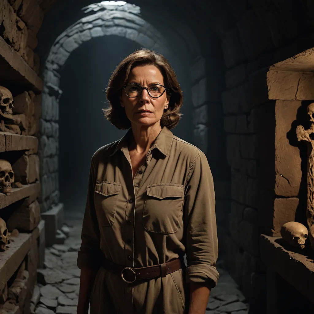 a woman standing in a tunnel with skulls on the walls and a skull statue on the floor behind her, academic art, a poster, Ada Gladys Killins, promotional image