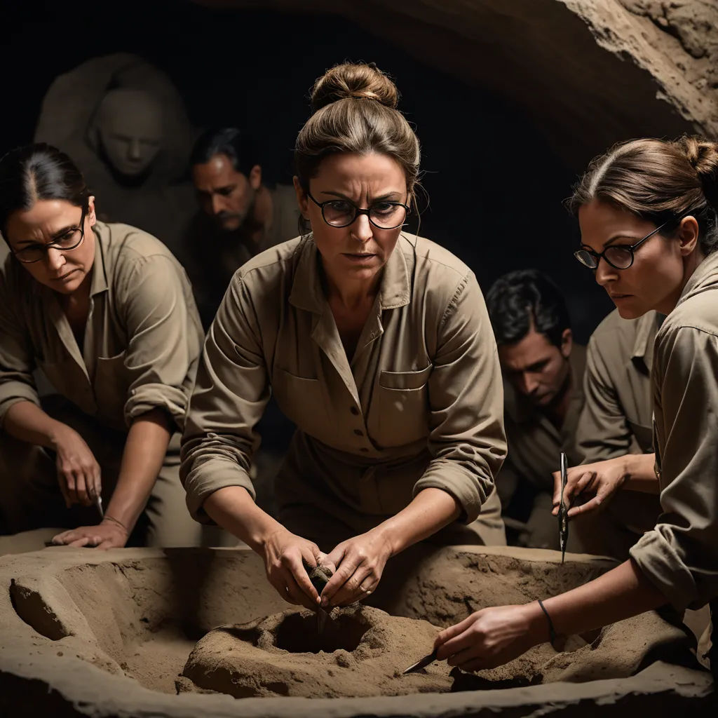 a group of people in a cave working on a piece of pottery with a knife and a fork in it, arbeitsrat für kunst, a cave painting, Eva Gonzalès, promotional image