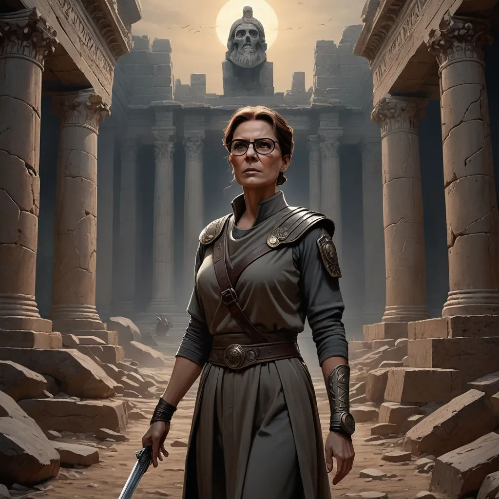 a woman in a roman dress holding a sword in front of a building with columns and a skull on it, sots art, a character portrait, Ada Gladys Killins, magic the gathering artwork