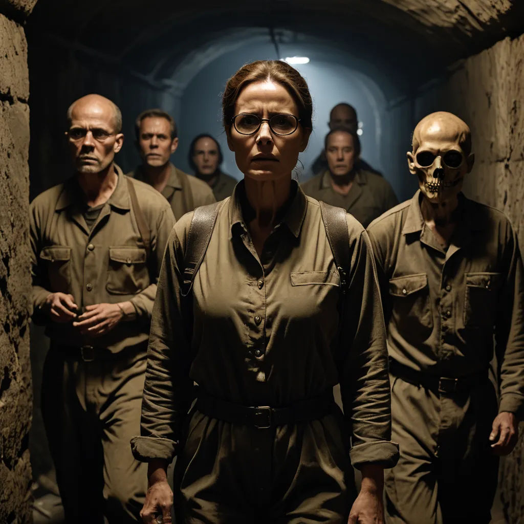 a woman in a uniform standing in a tunnel with other men in uniform behind her and a skull in the background, antipodeans, poster art, Ada Gladys Killins, promotional image