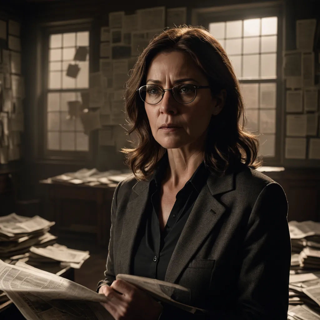 a woman in a suit and glasses looking at a paper in a room full of papers and a window, private press, poster art, Clarice Beckett, promotional image