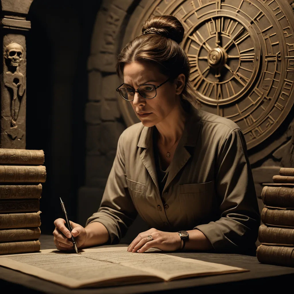 a woman sitting at a table writing on a book with a clock in the background and a skeleton on the wall, academic art, a detailed matte painting, Adrienn Henczné Deák, promotional image