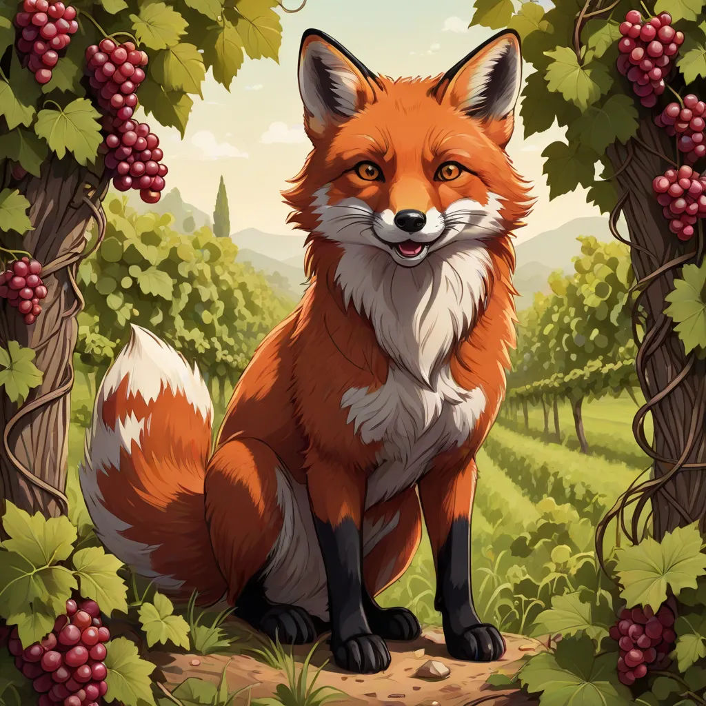 a fox sitting in the middle of a forest with grapes on the vine trees and a hill in the background, furry art, a character portrait, Dan Mumford, official art