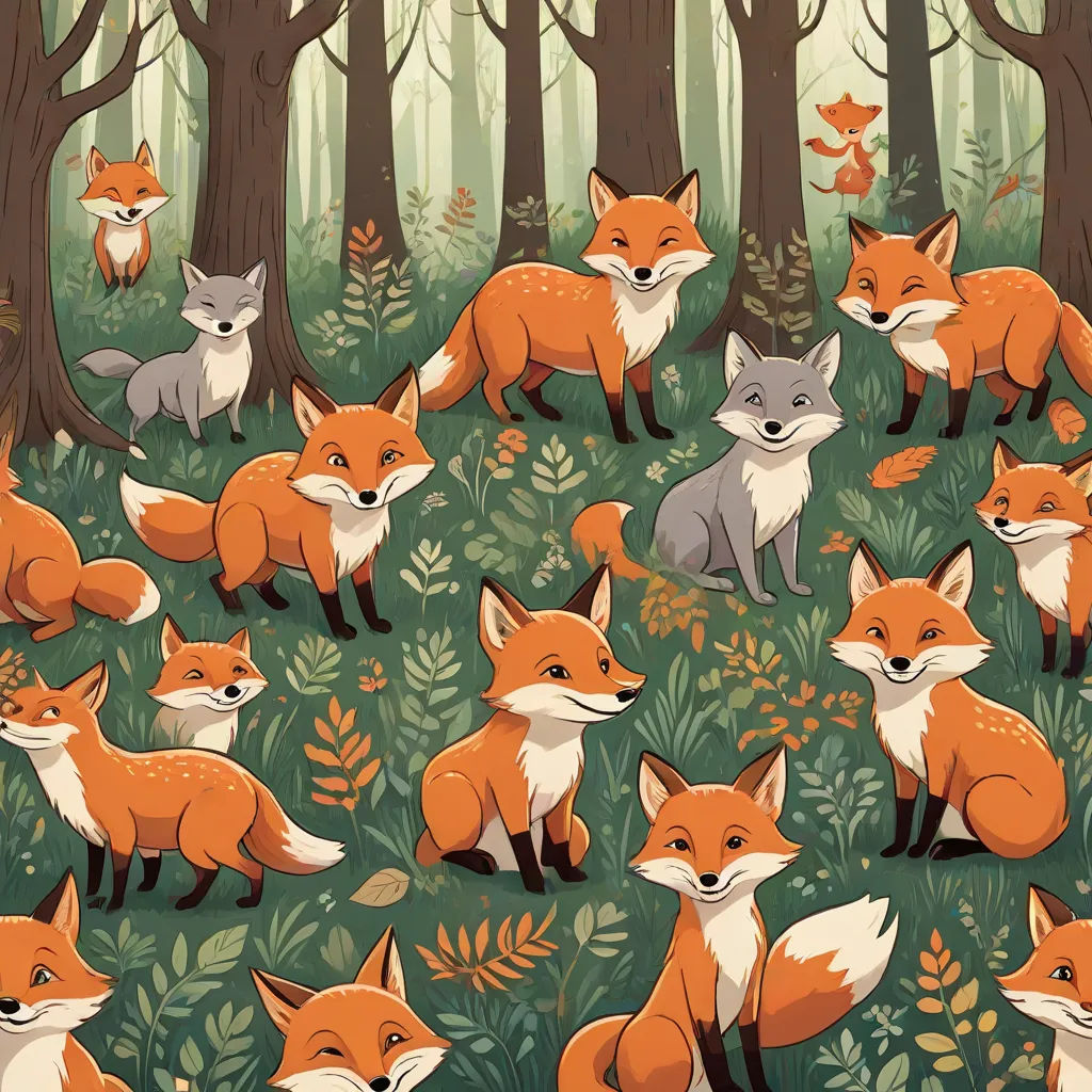 a group of foxes in a forest with trees and leaves on the ground and a forest floor with leaves on the ground, furry art, a storybook illustration, Claire Hummel, leesha hannigan