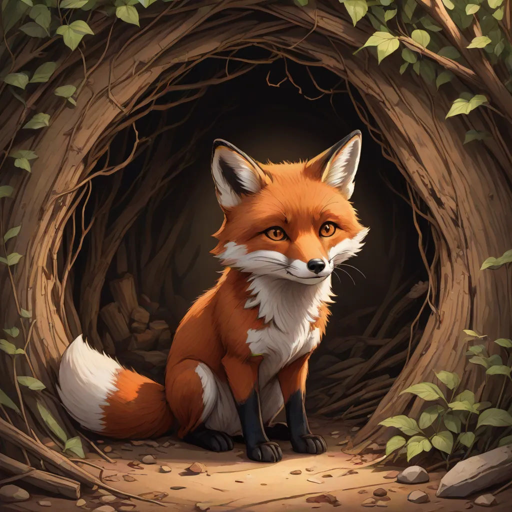 a red fox sitting in a hollow in the woods with leaves on the ground and a tree in the background, furry art, a storybook illustration, Aaron Jasinski, official art