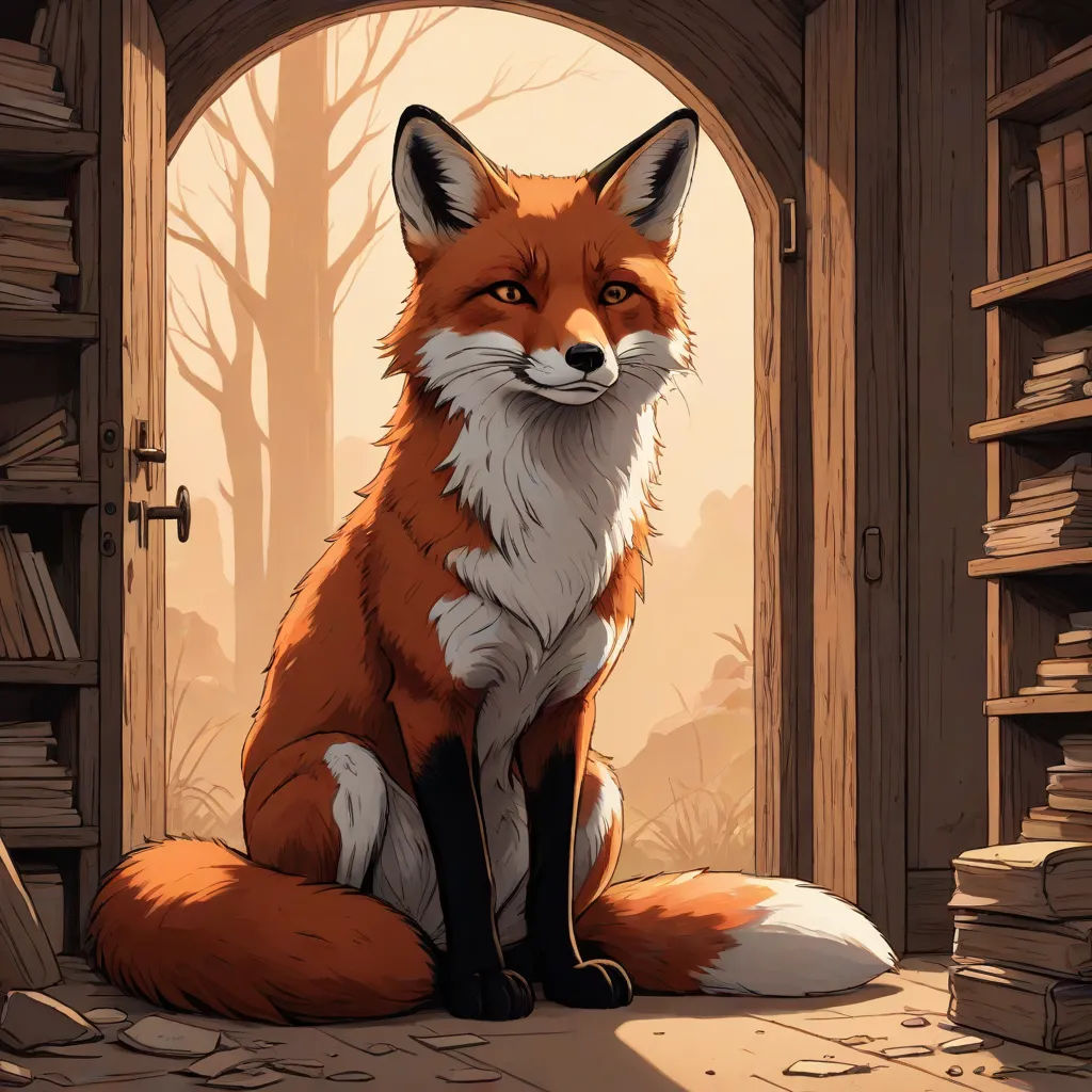 a fox sitting in front of a doorway with a bookcase in the background and a book shelf in the foreground, furry art, a storybook illustration, Colin Middleton, official art