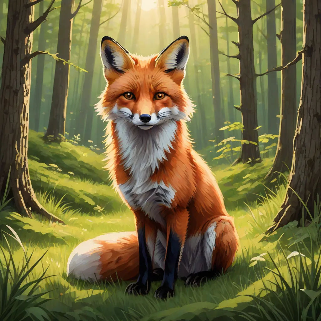 a painting of a fox sitting in the woods looking at the camera with a bright light shining through the trees, furry art, a digital painting, Dan Mumford, official art