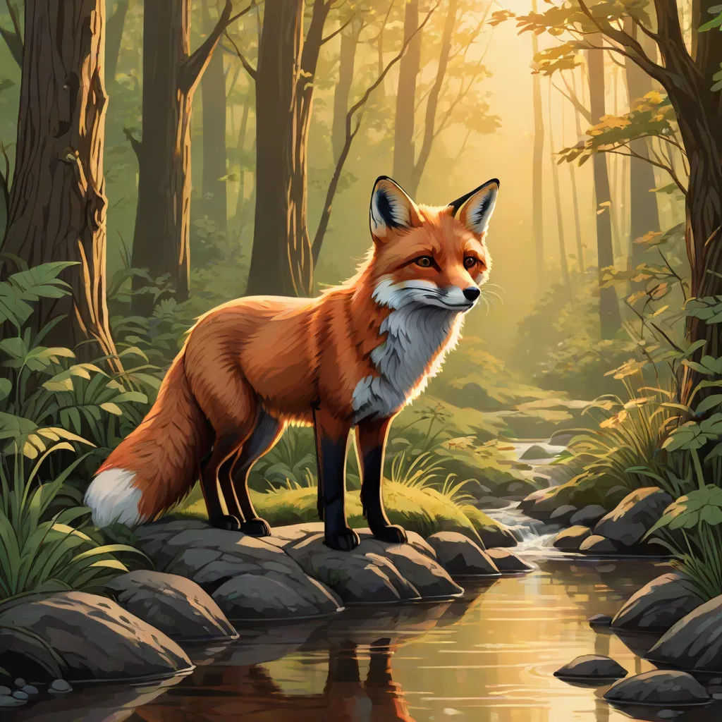 a painting of a fox standing on a rock in a forest with a stream running through it's foreground, furry art, a digital painting, Dan Mumford, official art