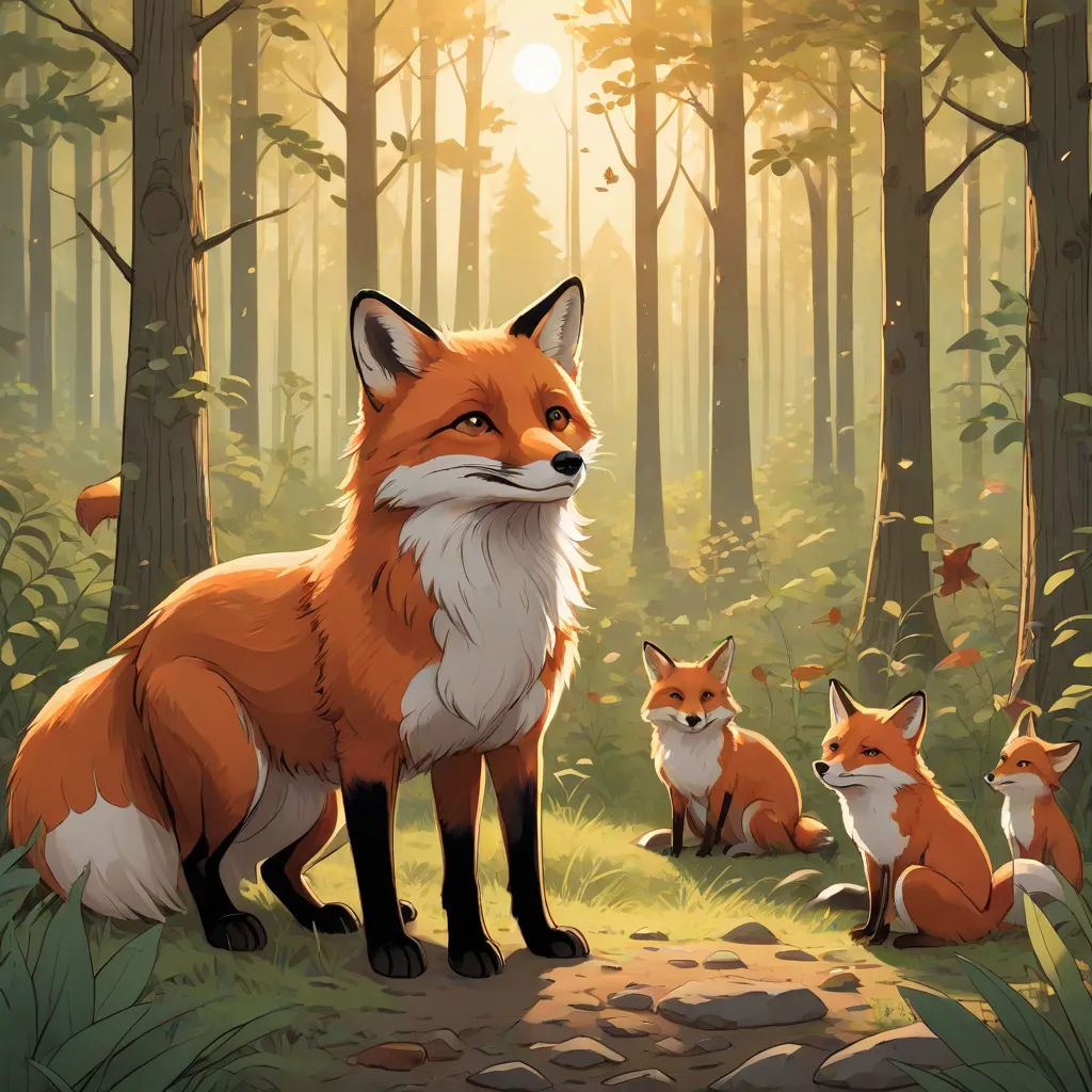 a painting of a fox and her cubs in a forest at sunset or sunrise time, with the sun shining through the trees, furry art, a storybook illustration, Dan Mumford, official art