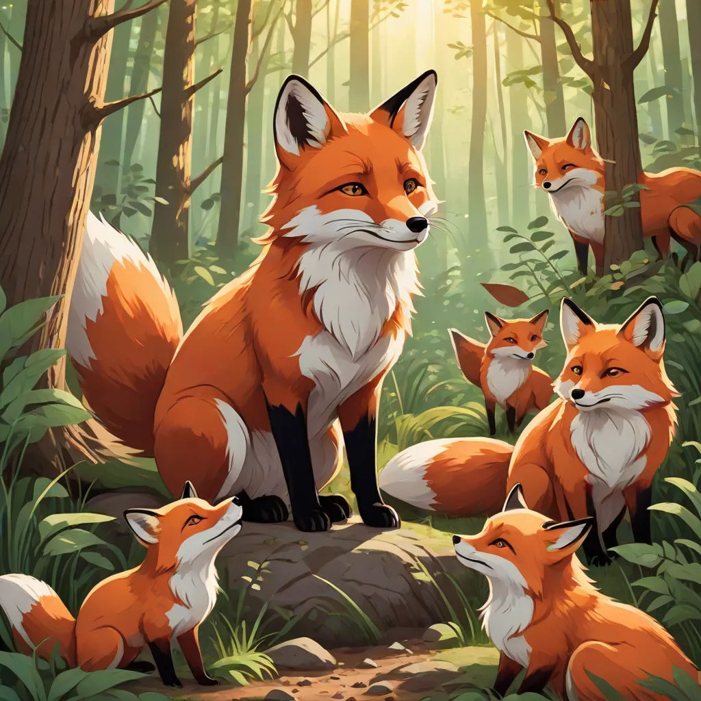 a painting of a fox family in the woods with their cubs looking at the camera and smiling at the viewer, furry art, a storybook illustration, Dan Mumford, official art