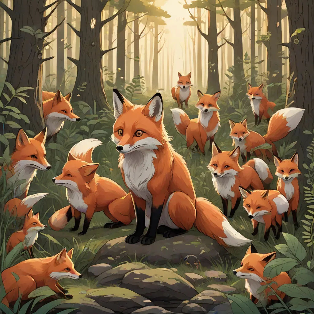 a painting of a fox in the woods with other foxes around it, all looking at the camera and smiling, furry art, a storybook illustration, Dan Mumford, furaffinity