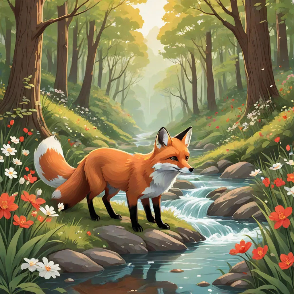 a fox standing on a rock in a forest with flowers and a stream running through it's forest, fantasy art, a storybook illustration, Dan Mumford, official art
