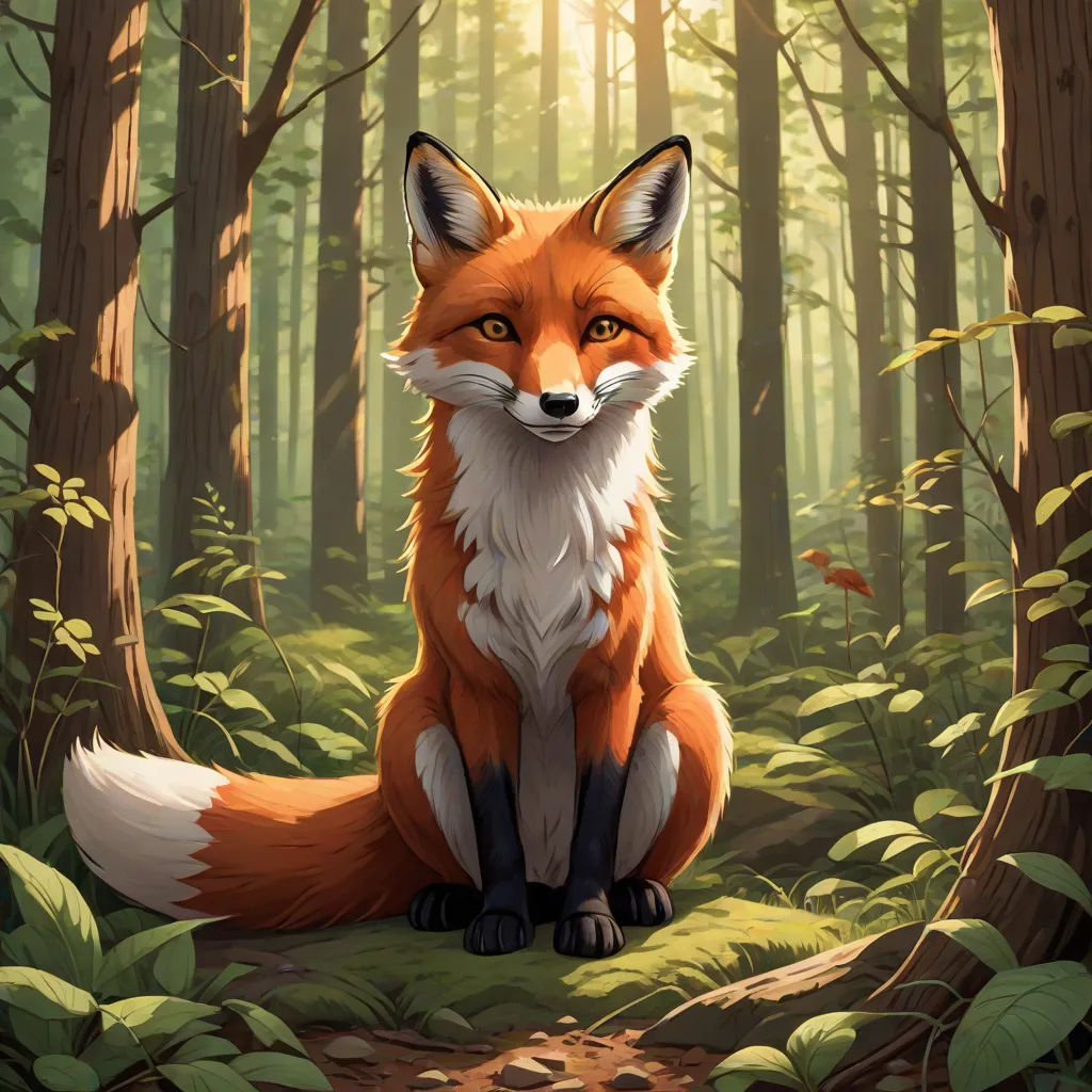 a red fox sitting in the middle of a forest with green leaves on the ground and a bright light shining on the trees, furry art, a digital painting, Dan Mumford, official art