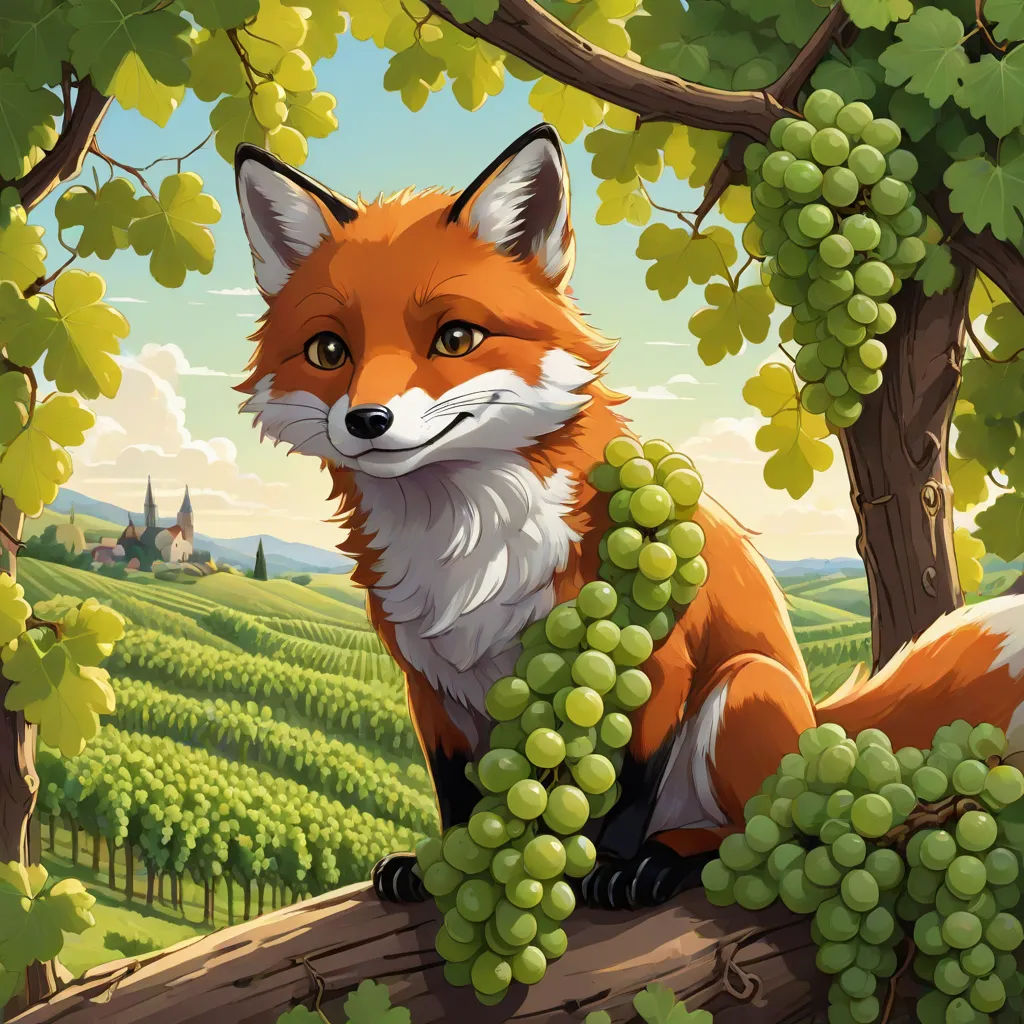 a fox sitting on a tree branch with grapes on it's neck and a castle in the background, furry art, a storybook illustration, Aaron Jasinski, official art