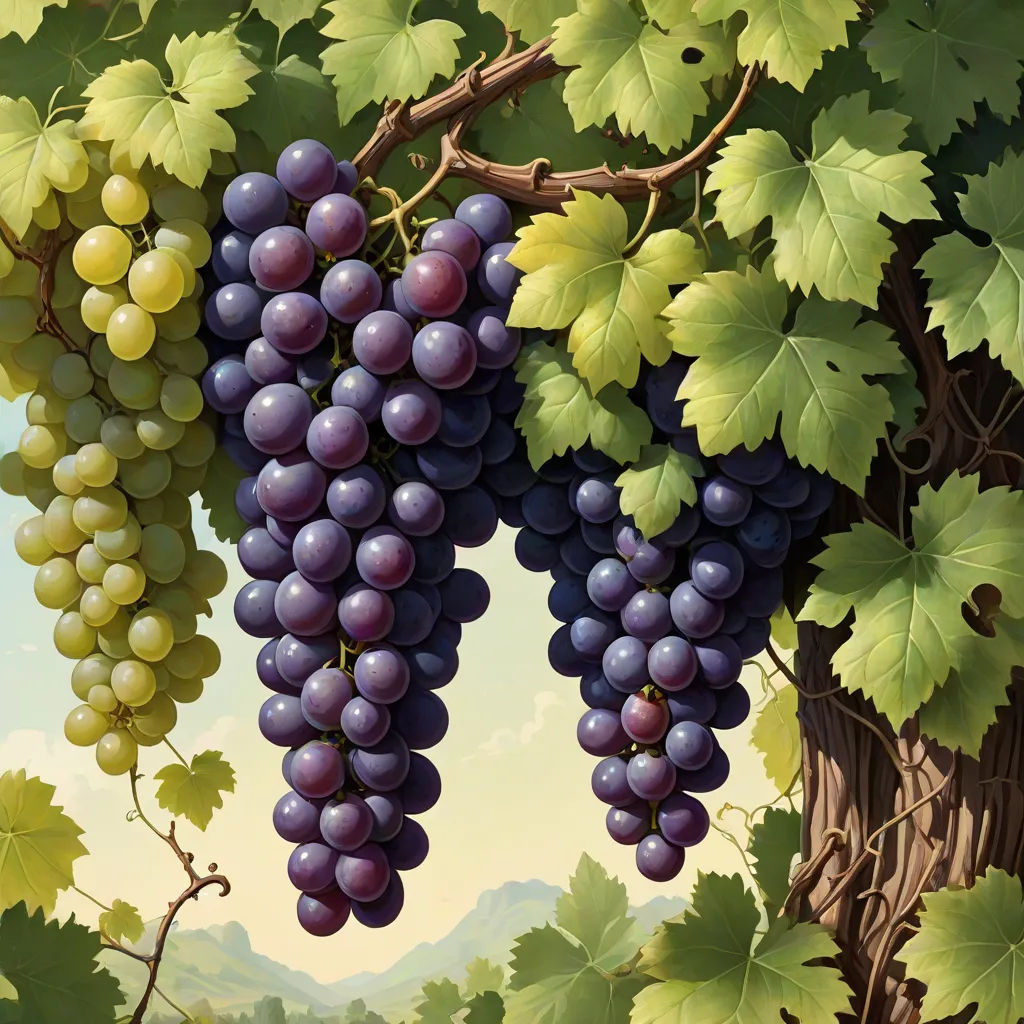 a painting of grapes hanging from a vine with leaves on the vine and a tree in the background with mountains in the distance, synthetism, a detailed matte painting, Brothers Hildebrandt, highly detailed digital painting