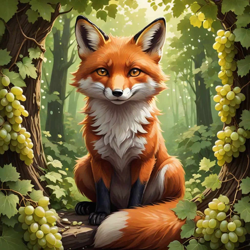 a fox sitting in a forest with grapes around it's feet and eyes open, with a background of green leaves and branches, furry art, a character portrait, Cyril Rolando, official art