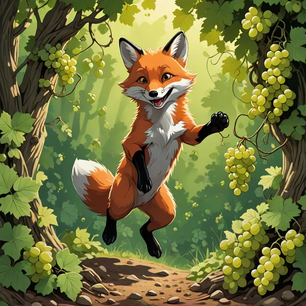 a fox running through a forest with grapes on the vine vine trees and leaves on the ground, with a trail in the foreground, furry art, a storybook illustration, Aaron Jasinski, official art