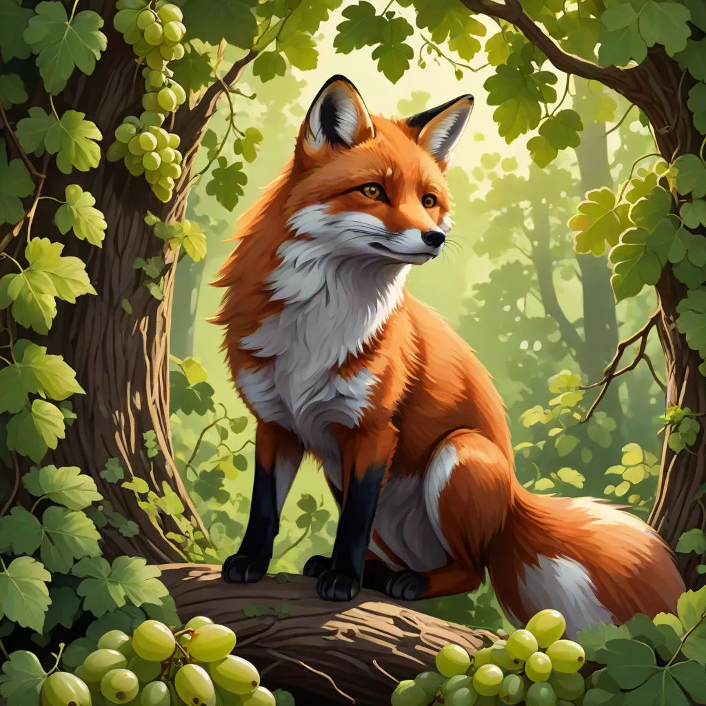 a fox sitting on a log in a forest with grapes and leaves around it, looking at the camera, furry art, a digital painting, Aaron Jasinski, official art