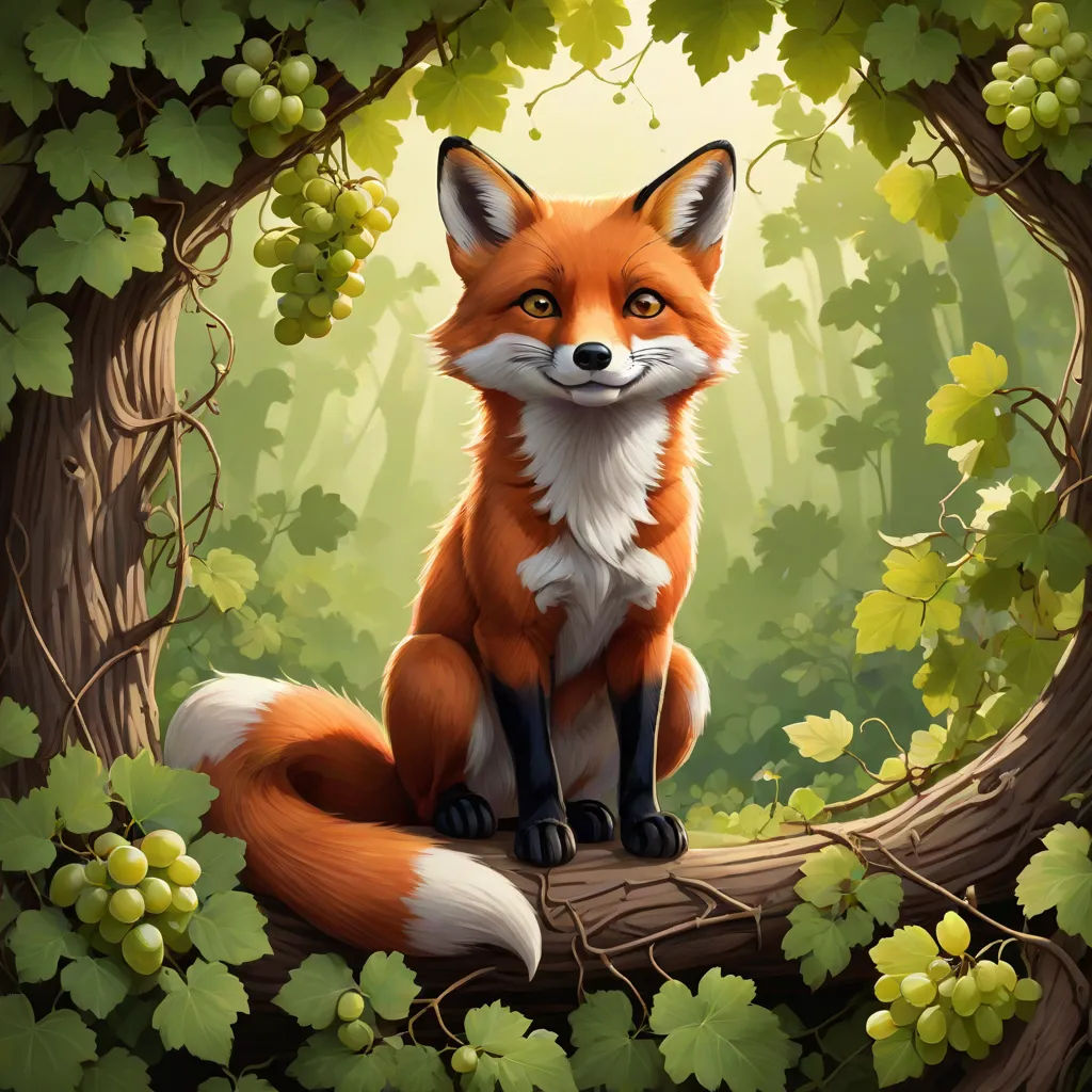 a red fox sitting on a tree branch in a forest with green leaves and vines around it, looking at the camera, furry art, a storybook illustration, Cyril Rolando, official art