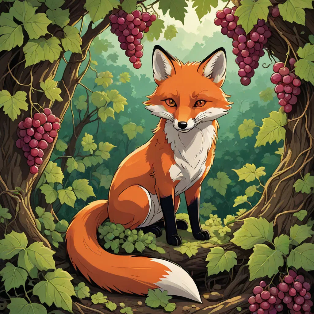a fox sitting in a forest with grapes on the tree branches and a bush behind it, with a background of green leaves and red berries, furry art, a storybook illustration, Dan Mumford, official art