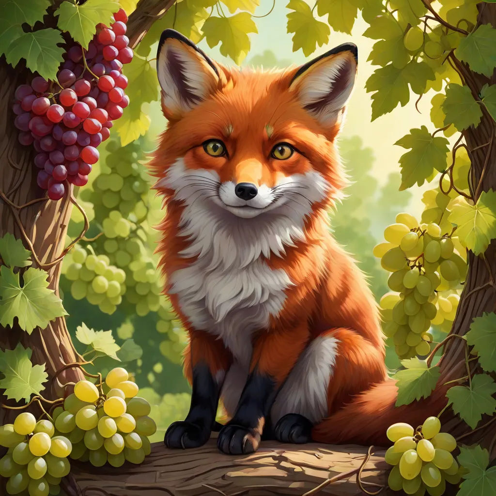 a painting of a fox sitting on a tree branch with grapes in the background and a forest scene with green leaves, furry art, a character portrait, Cyril Rolando, official art