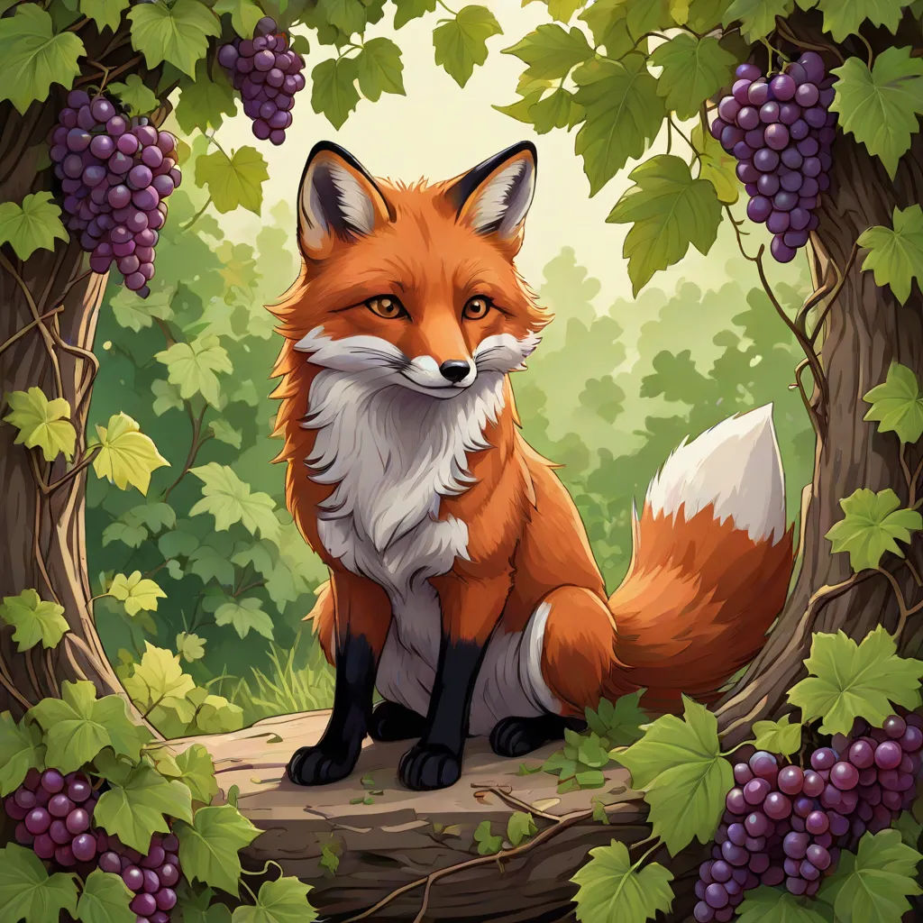 a fox sitting in the middle of a forest with grapes on the vine vine vine vine border around it, furry art, a character portrait, Cyril Rolando, official art
