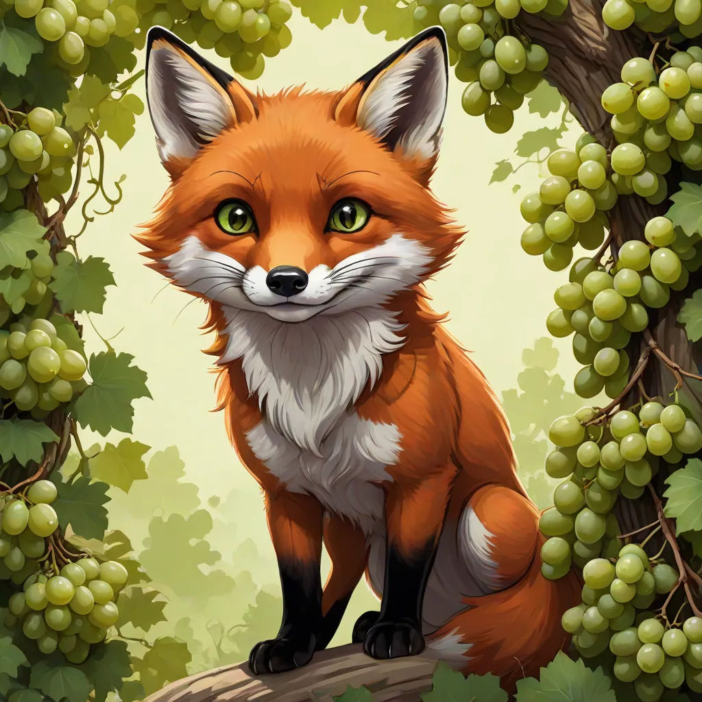 a fox sitting on a branch in a forest with grapes on the vine vine border and a background of green leaves, furry art, a character portrait, Cyril Rolando, official art