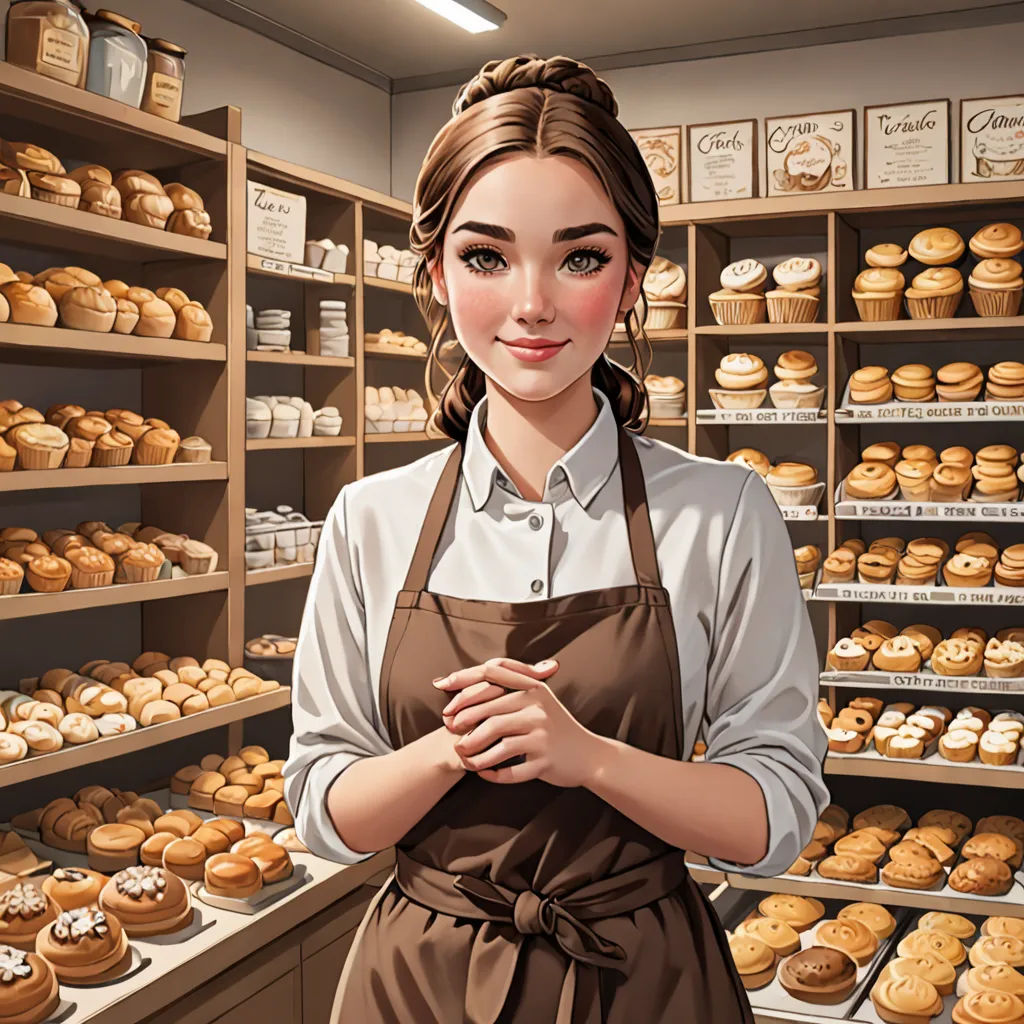 a woman in an apron standing in front of a bakery display of baked goods and pastries in a bakery, fantastic realism, a character portrait, Elina Karimova, highly detailed digital painting