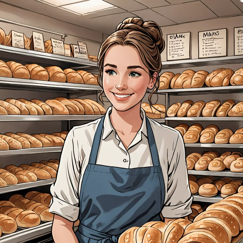 a woman in an apron standing in front of a shelf of breads and pastries in a bakery, socialist realism, a stock photo, Claire Falkenstein, high detail illustration