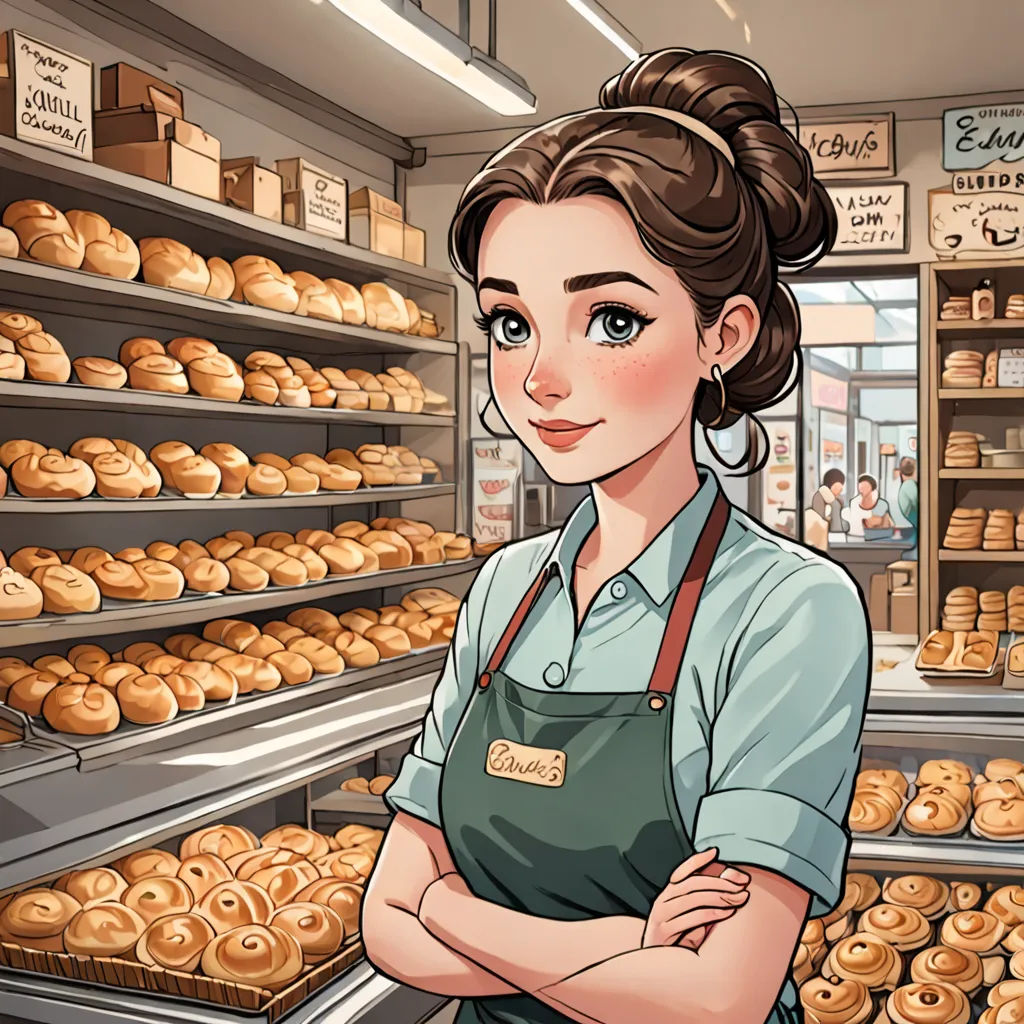 a woman standing in front of a display of baked goods in a bakery shop with a smiling woman in front of the display of baked goods, remodernism, a character portrait, Florence Engelbach, kinkade