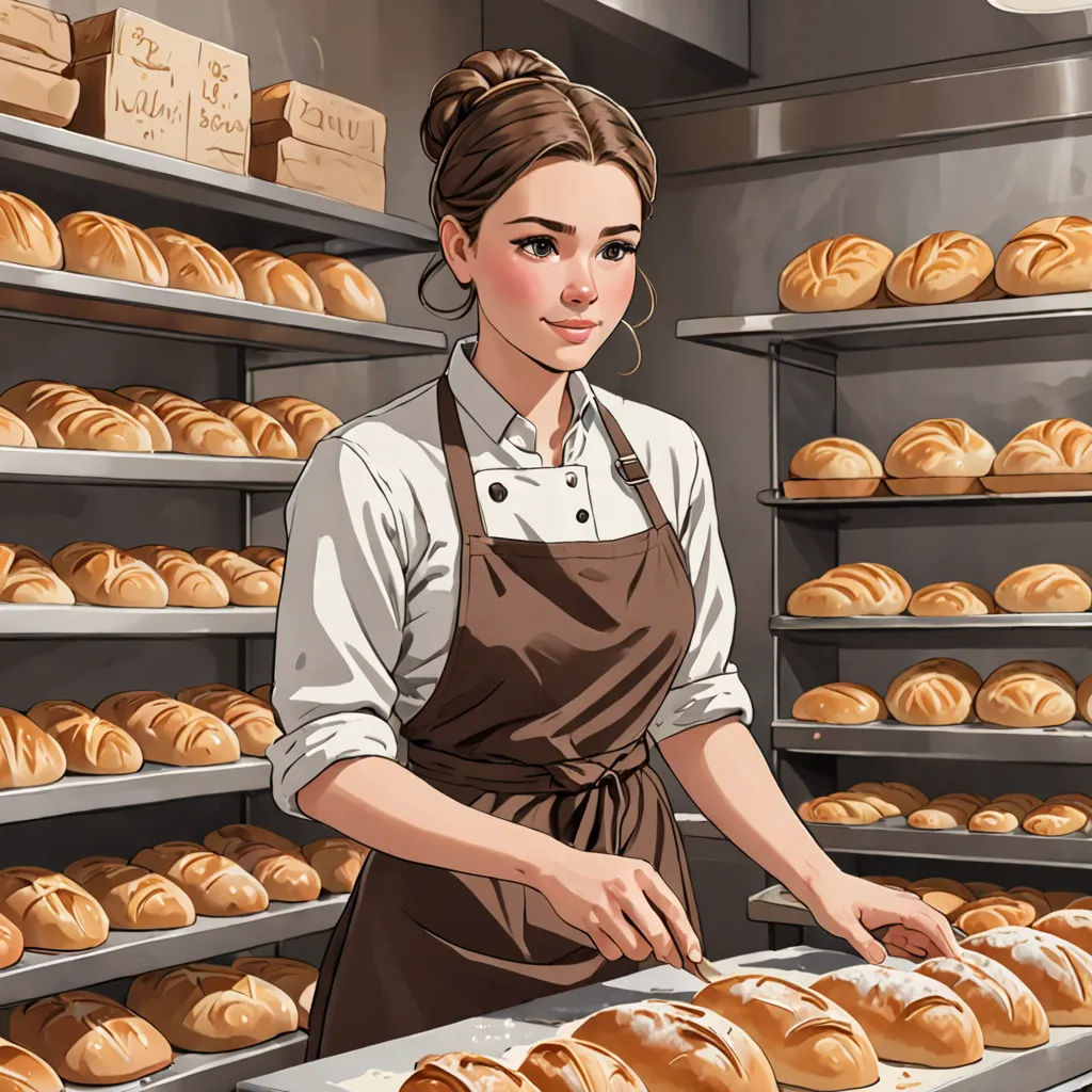 a woman in an apron is working in a bakery with breads on shelves behind her and a rack of breads behind her, remodernism, a stock photo, Bourgeois, game art