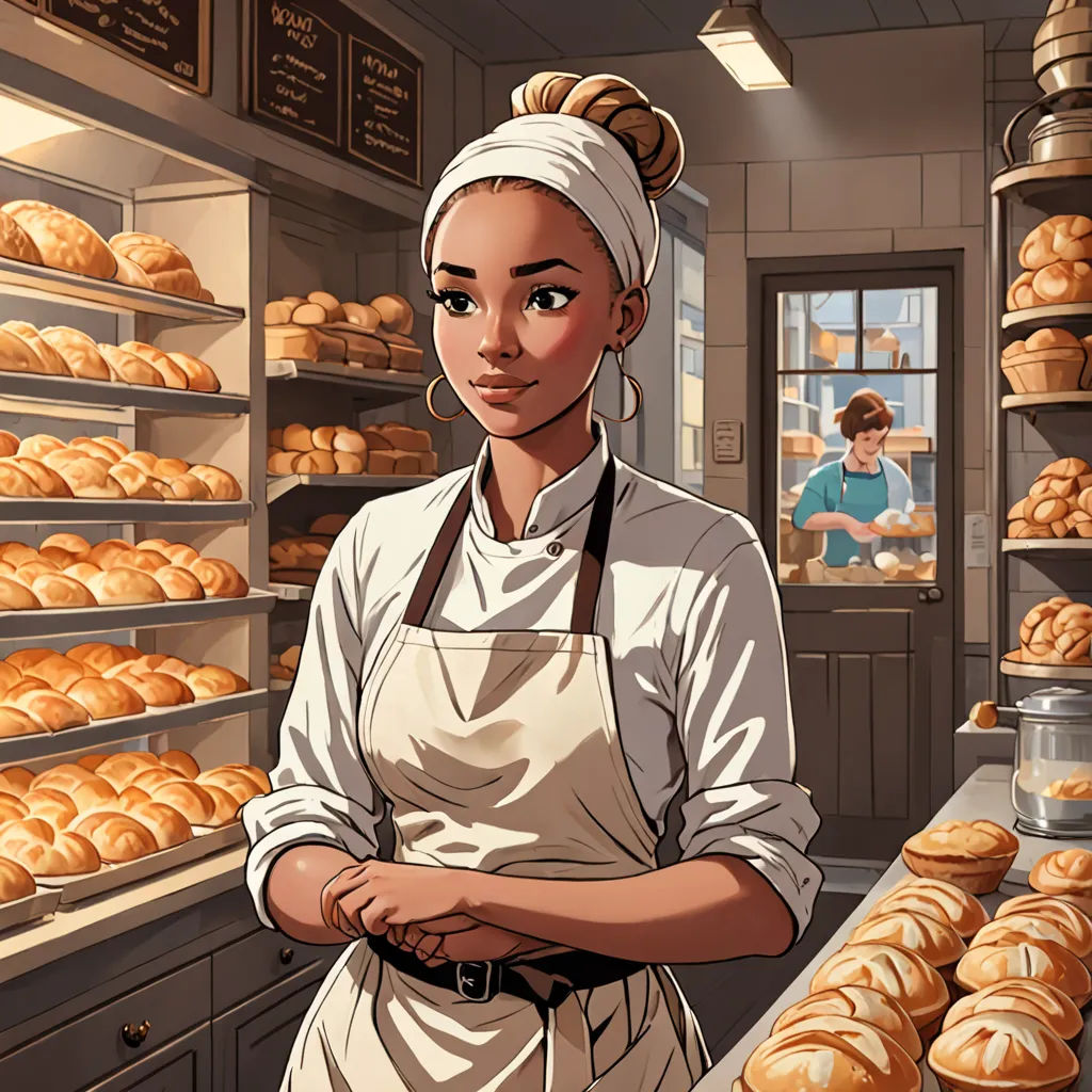 a woman in an apron standing in front of a bakery filled with breads and pastries, with a baker in the background, sots art, a character portrait, Bourgeois, character art