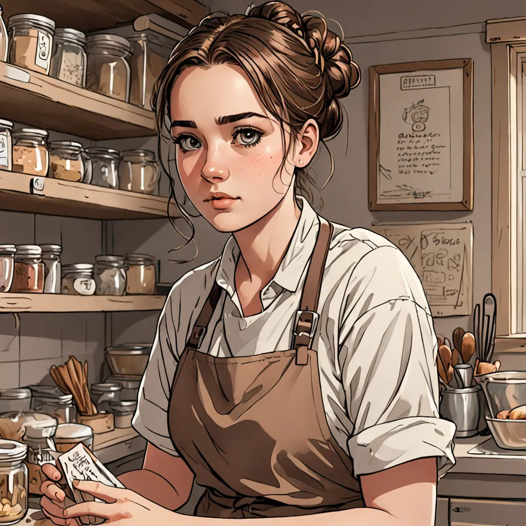 a woman in an apron is holding a piece of paper in a kitchen with jars and jars on the shelves, fantasy art, a detailed painting, Constance Gordon-Cumming, cgstudio
