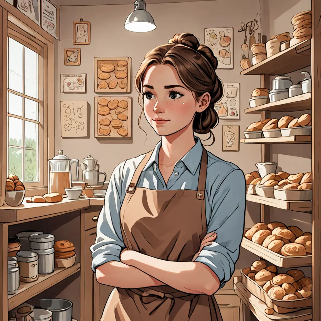 a woman standing in a bakery with her arms crossed and a bunch of breads on shelves behind her, american scene painting, a character portrait, Clarice Beckett, kinkade
