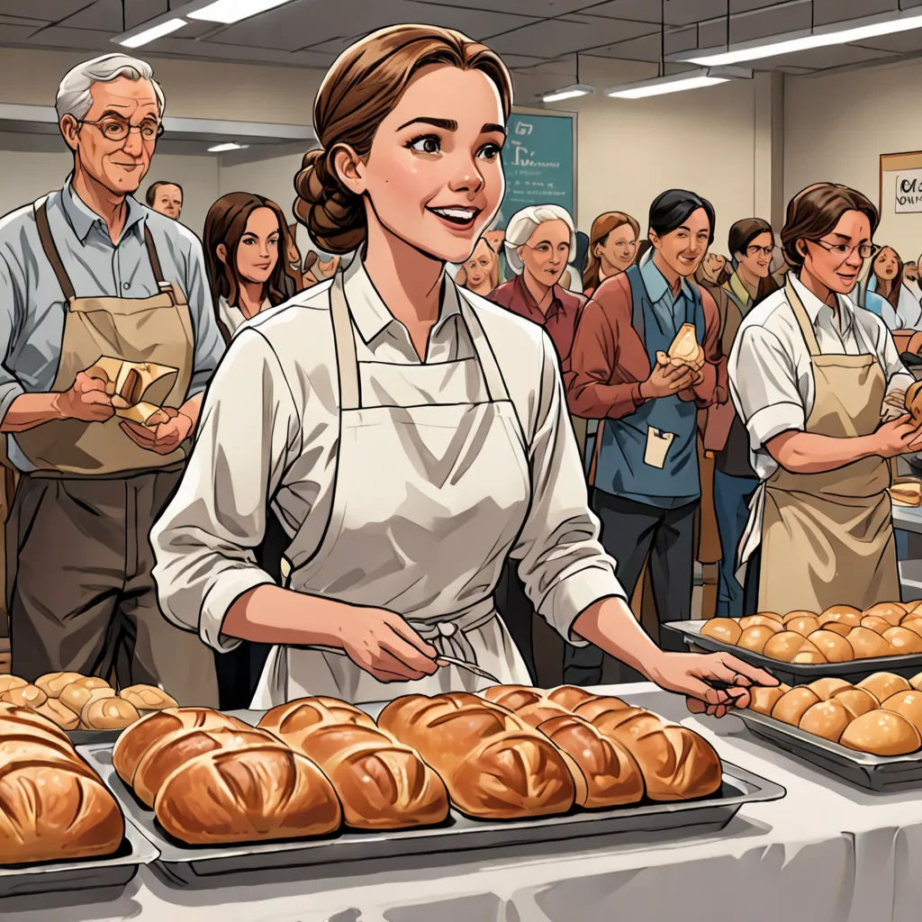 a woman in an apron is standing in front of a table of breads and pastries with people in the background, socialist realism, a comic book panel, Eva Frankfurther, official art