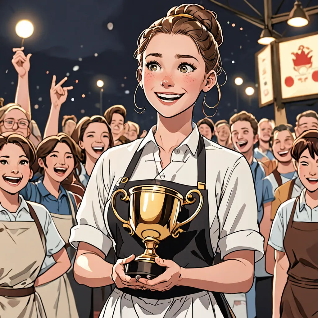 a woman holding a trophy in front of a crowd of people at night time, with a crowd of people behind her, remodernism, a comic book panel, Anne Said, official art
