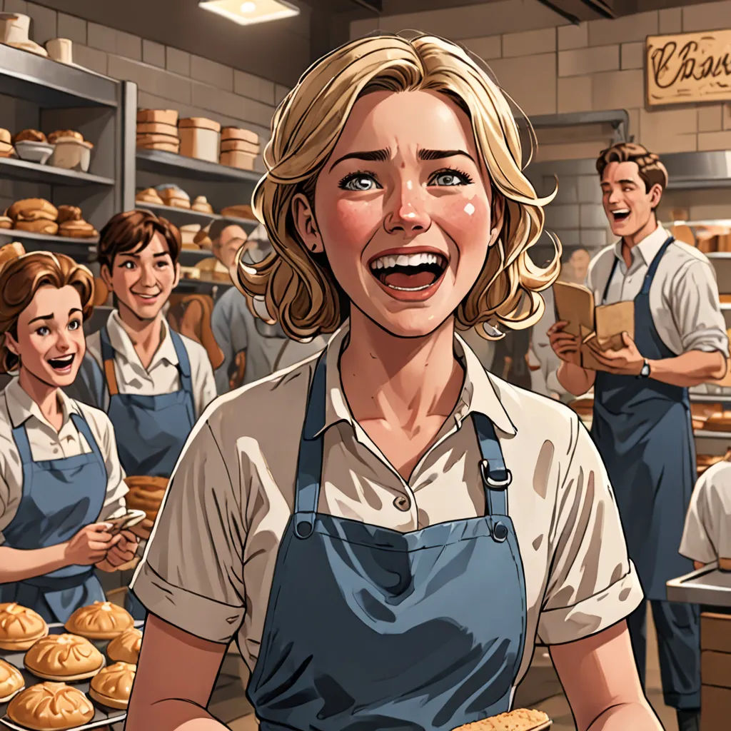 a woman holding a tray of bread in a bakery with other people in the background smiling and holding a box of bread, american realism, a comic book panel, F Scott Hess, comic cover art