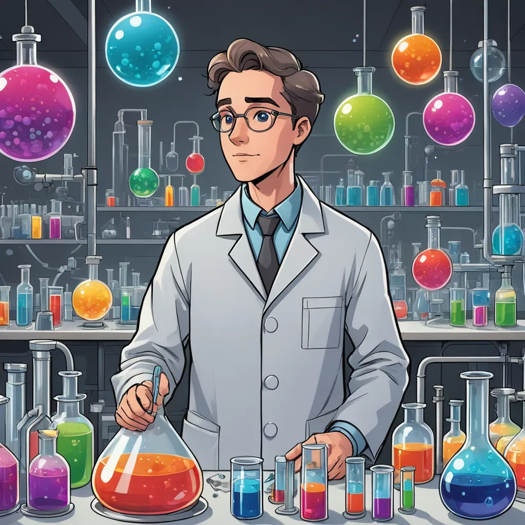 a man in a lab coat holding a beakle filled with liquid and flasks of colored liquid, neoplasticism, a comic book panel, Andries Stock, official art