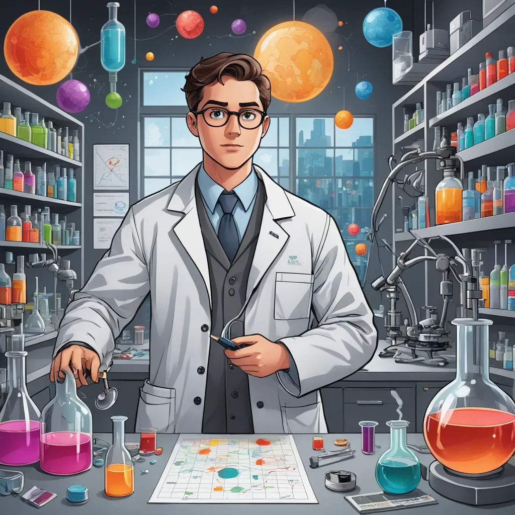 a man in a lab coat is holding a beaker and looking at a flask of liquid in a laboratory, sots art, a character portrait, Cedric Seaut (Keos Masons), key art